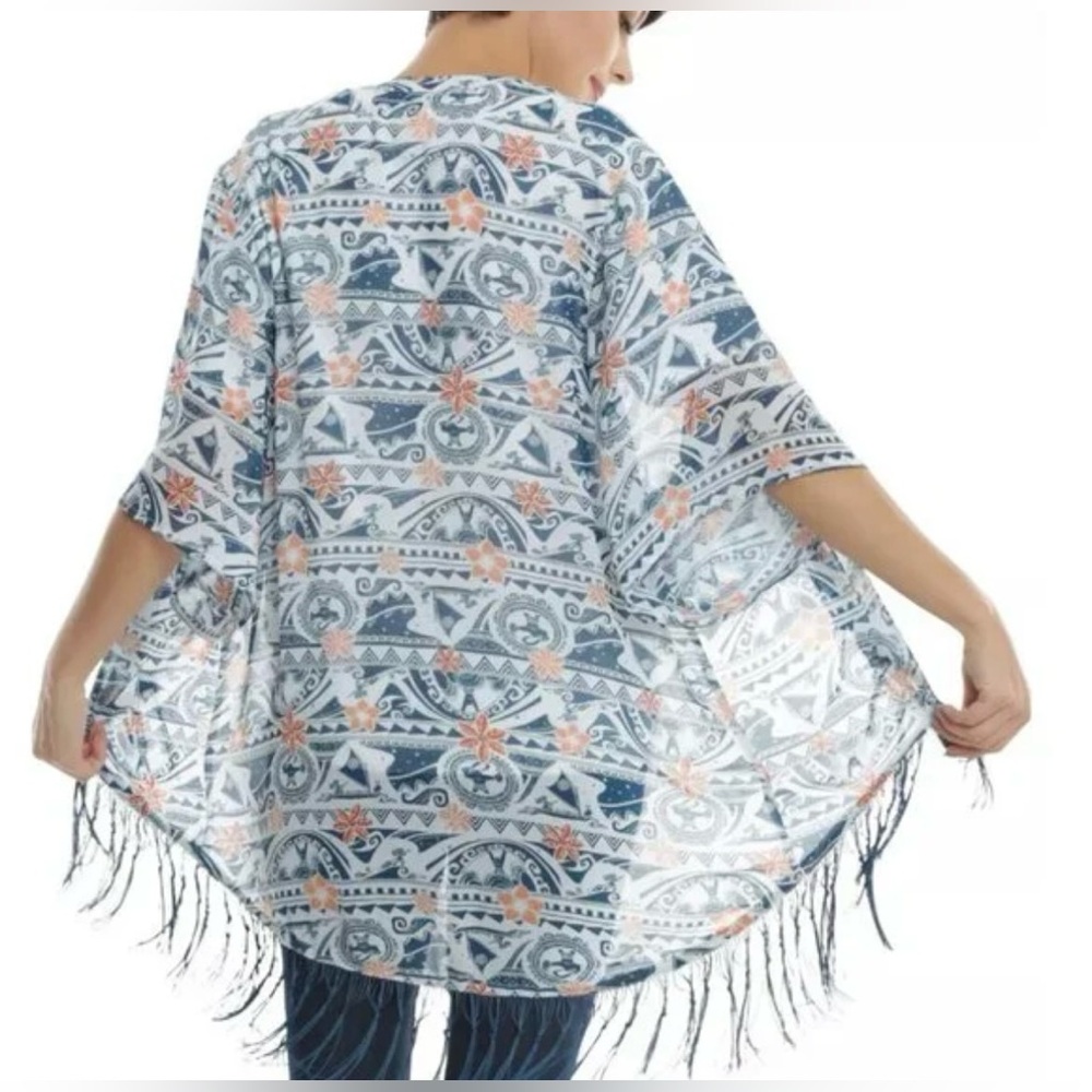EUC Disney Moana Blue Patterned Kimono with Fringe Sz LG - Picture 2 of 8